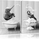 Framed Bathroom Wall Art Funny Kids Bathroom Decor Black and White Canvas Wall Art Pictures Elephant Bathing Animals Abstract Prints for Bedroom Poster 16x24x2Inch Ready to Hang