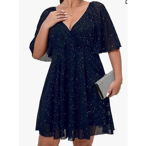 FENJAR Womens Elegance Audrey Hepburn Style Ruched 3/4 Sleeve Midi A-line Dress XL Navy Blue (Blue, XL)