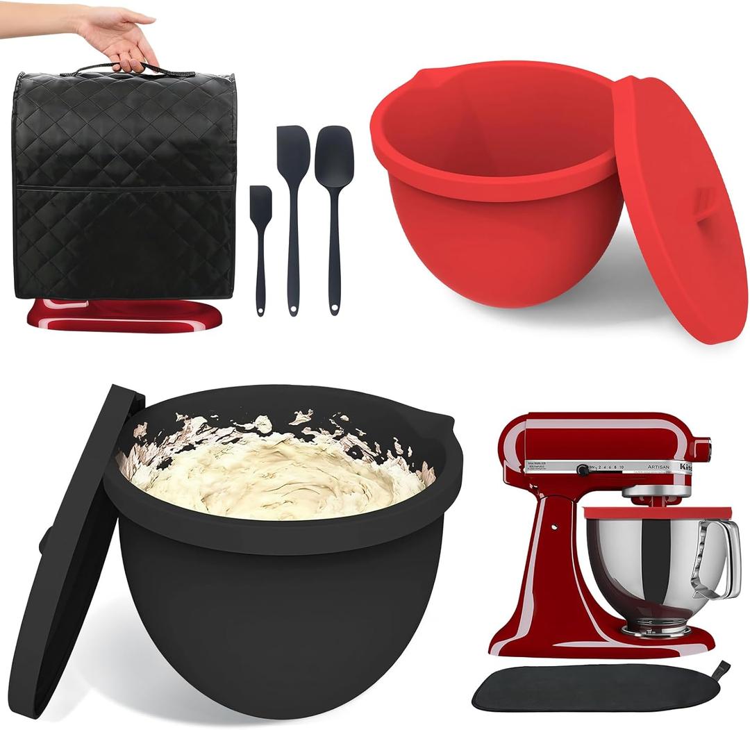 Silicone Bowl Liners for KitchenAid 5 Quart Tilt-Head Mixer,Set of 2 with Lids,Accessories include Mixer Slider Mat,Stand Mixer Dust-proof Cover,Silicone Spatula Set