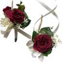 MAFELOE Artificial Wrist Corsage Boutonniere Set for Groom Bride Groomsmen Bridesmaids, Corsage Wristband Men Boutonniere Wedding Party Prom Suit Decorations - Burgundy 2Pcs