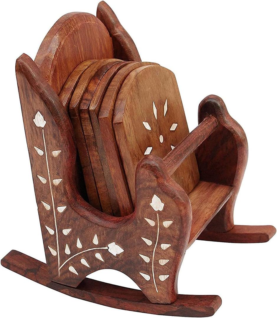 Handmade Wooden Tea Coasters Set of 6 Drink Table for Tea Cups Coffee Mugs Beer Cans Bar Tumblers and Water Glasses Chair Shape Coasters Full Carving (White)