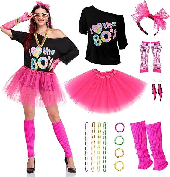 LILLIWEEN 80s Costumes for Women,T-Shirt Headband Tutu Skirt Earrings Necklace Bracelets Fishnet Gloves Legwarmers Outfits, Size: M