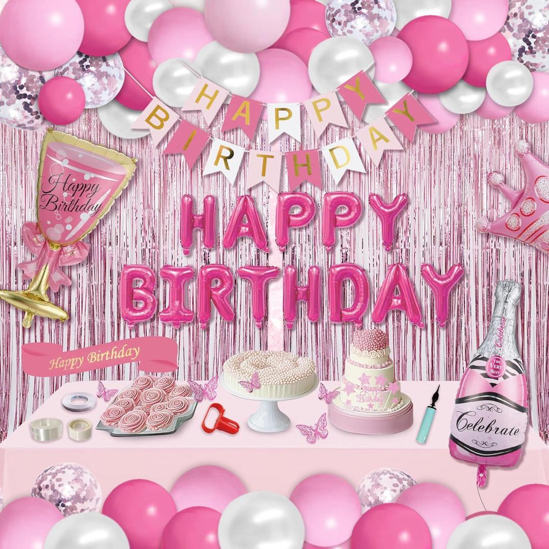 Party Spot! 103 pc Pink Birthday Decorations - Balloon Arch, Tablecloth, Banner, Fringe Curtains for Women's Pink Party