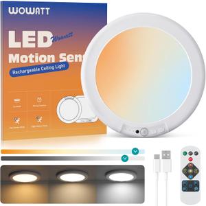 Wowatt Battery Operated Ceiling Light Rechargeable Ceiling Lights with Remote Wireless Shower Lighting 3000K 4500K 6500K 7.48in Dimmable Timing Overhead Light for Closet Shower Living Room (1 Pack, 3CCT-Round)
