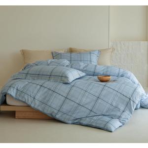 Blue Plaid Comforter Set 3 Pieces - 100% Cotton Grid Gingham Pattern Reversible Comforter Queen Size, Soft and Hypoallergenic Bedding Set