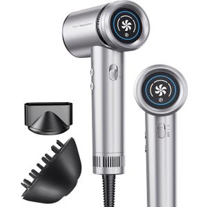 Hair Dryer - High-Speed 150,000 RPM Hairdryer for Fast Drying, 500Million Negative Ionic & Thermo-Control & Cool Shot Button & Lightweight & HD Display Blow Dryer with Magnetic Diffuser & Nozzle (Metal Silver Grey)