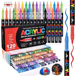 Acrylic Paint Markers Brush Tip 120 Colors, Automatic Ink Control System, Premium Acrylic Paint Pens for Canvas, Rock Painting, Glass, Wood, Ceramic Surfaces, DIY Crafts (Includes Replacement Nibs)