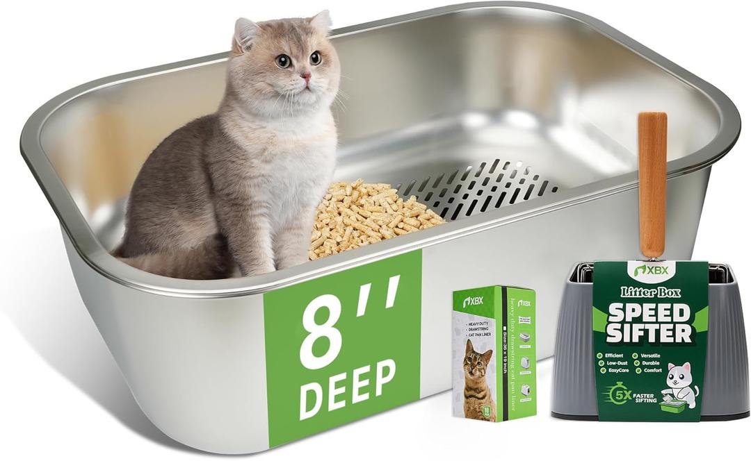 Sifting Litter Box, XL Stainless Steel Sifting Cat Litter Pan for Pine Pellets, Large Sifter Pan, with Metal Litter Scoop and Litter Box Liners, Odor Control & Easy Clean