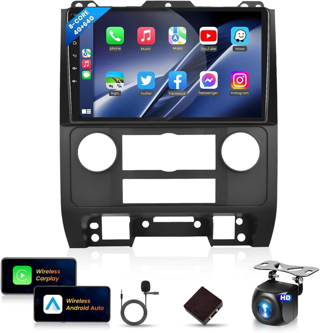 8Core 4G 64G for Ford Escape/Ford Kuga/Mazda Tribute 2007-2012 Car Stereo Radio with Wireless CarPlay Android Auto/9" 1280x720P IPS Touchscreen/BT5.0/GPS/WiFi/DSP 36EQ/Backup Camera