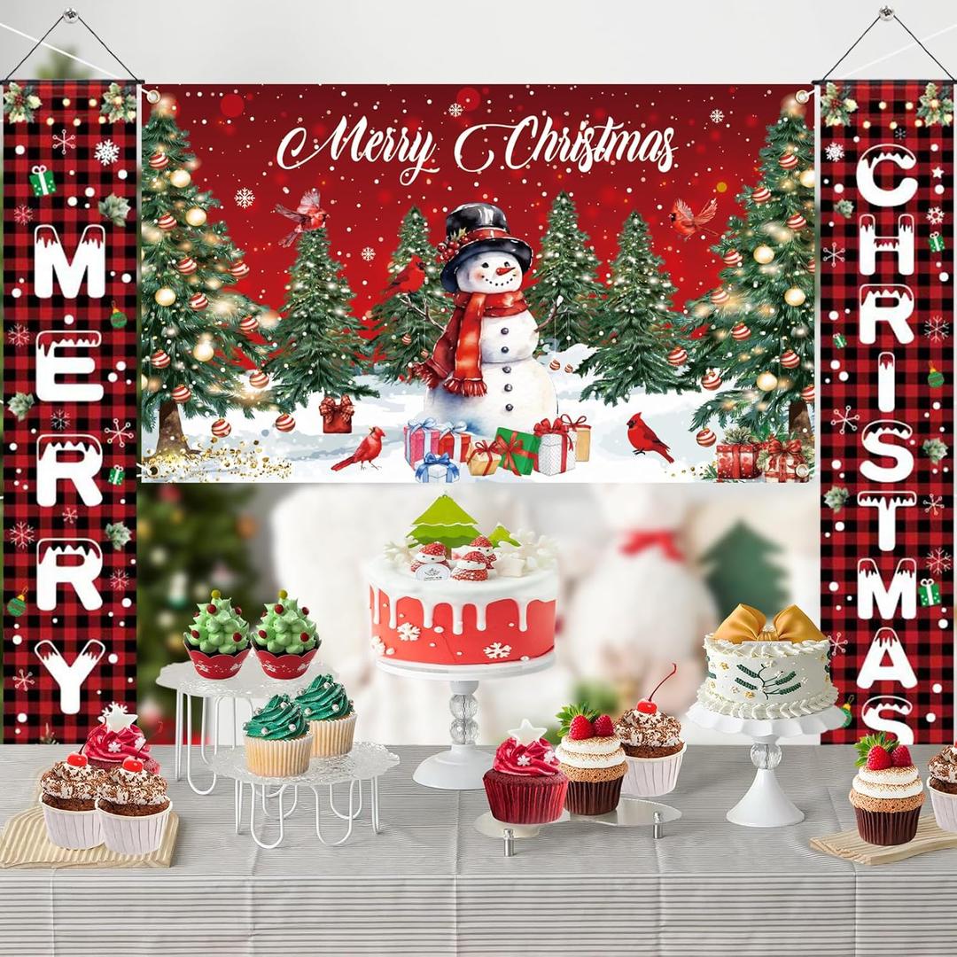 Merry Christmas Banners with 3 Pcs 71"x 43" Christmas Backdrop and Porch Signs Hanging Ribbon, Indoor & Outdoor Christmas Decorations for Home Wall/Front Door/Yard, Party, Photography