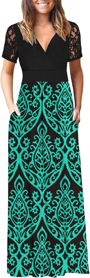 AUSELILY Maxi Dresses for Women 2026 Lace Short Sleeve V Neck Wrap Long Dress with Pockets (M)