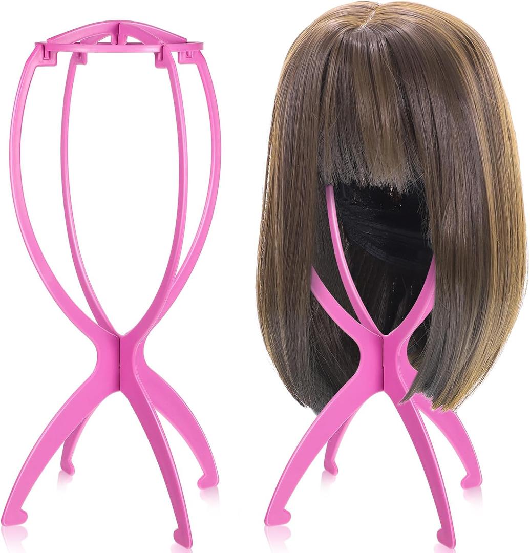 obeoby Pink Wig Stand, Portable Wig Holder Wig Head Stand for All Wigs Travel Wig (Pink (2pack))