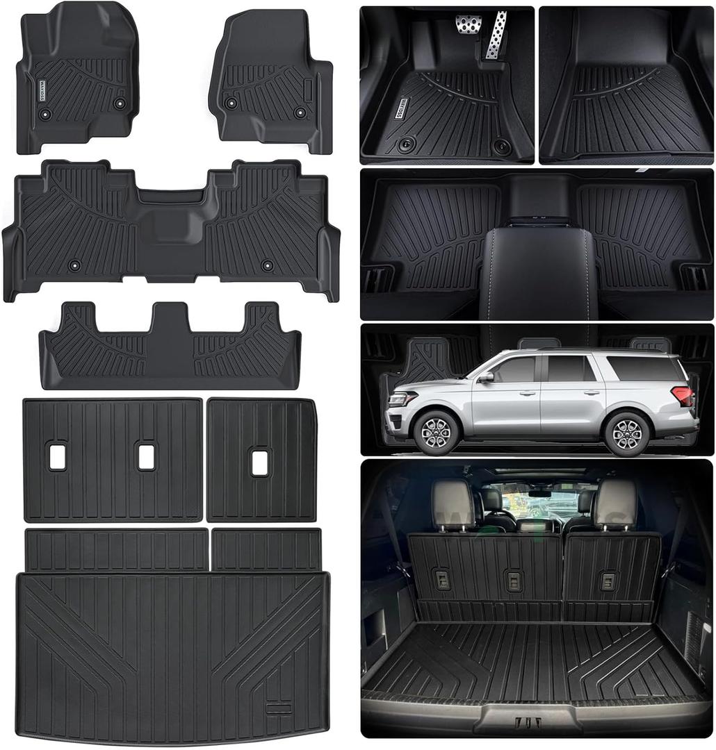 Floor Mats for Ford Expedition MAX 2018-2023 2024 (Only Fit Max 8 Seats / 2nd Row Bench Seat) with Cargo Liners,TPE All Weather Protection Floor Liners with Trunk Mat Covering The Backrest