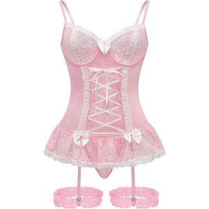 Sexy Mesh Corset Ruffle Lace Up Underwire Sheer Garter Belt Babydoll Lingerie Set With Thong 3 Piece Women (Small, Pink)