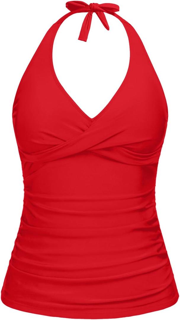 Tempt Me Womens Tankini Top Halter Tummy Control Swim Tops Only Twist Front V Neck Bathing Suit No Bottom (Large, Red)