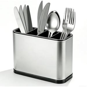 Utensil Holder, Silverware Organizer Caddy for Countertop Kitchen with 4 Compartments, Flatware Spoon Fork Tool Cutlery Holder Utensil Crock with Drain Tray for Counter Party Office, Silvery