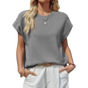 Saodimallsu Womens Cap Sleeve Sweater Top Summer Crew Neck Trendy Going Out Loose Knit Shirt (Gray)