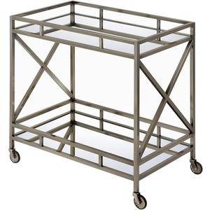 Metal Framed Two Tier Serving Cart with X Shaped Side Panels, Mirrored, Antique Gold