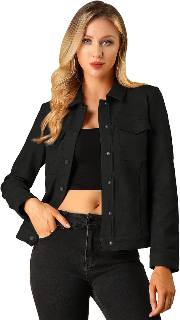 Allegra K Women's Faux Suede Turn-Down Collar Shacket Flap Pockets Snap Button Western Jacket (Black, L)