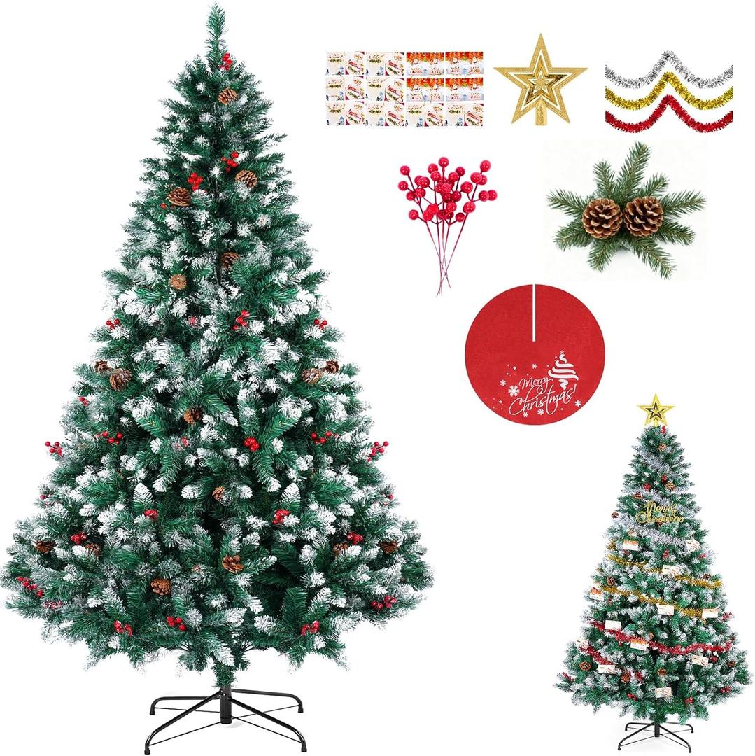 Christmas Tree, 6FT Artificial Hinged Premium Xmas Trees with 1400 Tips, Easy Assembly, Includes 6 Different Decorations