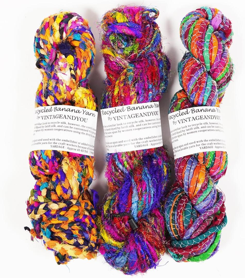Recycled Banana Silk Yarn - 300g Pack of 3 | Hand-Spun Natural Fiber Skein for Knitting, Crochet, Weaving & Craft Projects - Soft Art Yarn Made from Viscose Banana Fibers - Single Skein