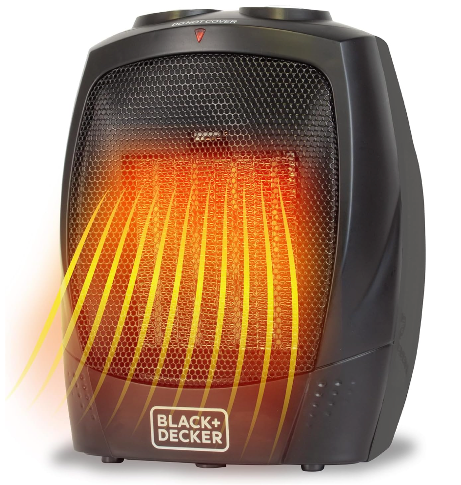 BLACK+DECKER Personal Ceramic Heater, Space Heater for Office Desk, Home Office & Personal Use Desk, 2 Heat & Fan Only Settings, Adjustable Thermostat, BHDC201, Black