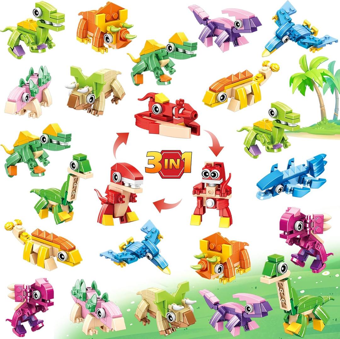 24 Pack Party Favors for Kids  3-in-1 Dinosaur Building Block Toys, Kids Classroom Gifts, Stocking Stuffers, Goodie Bag Stuffers, Classroom Rewards, Birthday for Boys Girls Ages 6-12