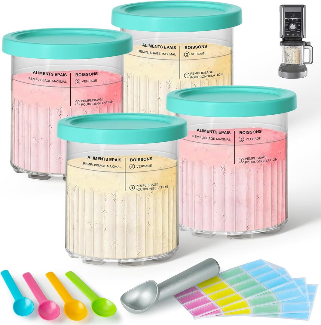 GuanQiao 4 Pack Creami Deluxe Pints & Lids for Ninja, 24 Oz Compatible with NC500 NC501 Series Ice Cream Makers, with 5 Spoons & 64 Writable Labels, BPA-Free & Dishwasher Safe, Blue