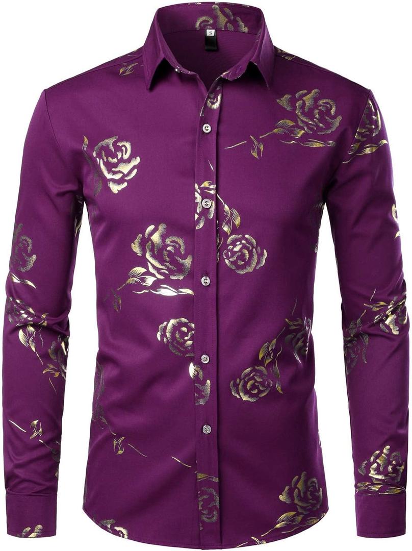 ZEROYAA Mens Hipster Gold Rose Printed Slim Fit Long Sleeve Dress Shirts/Prom Performing Shirts (Large, Z56-purple)