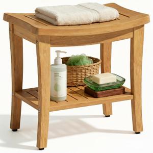 OTSUN Teak Shower Bench Seat - 20" Solid Wood Stool Waterproof Teakwood Shower Bench Chair with Storage Shelf 500 Lbs Capacity for Bathroom, Indoor & Outdoor Use