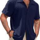 Vssjavun Men's Short Sleeve Button Down Shirt Lightweight Textured Shirt (Blue, XS)