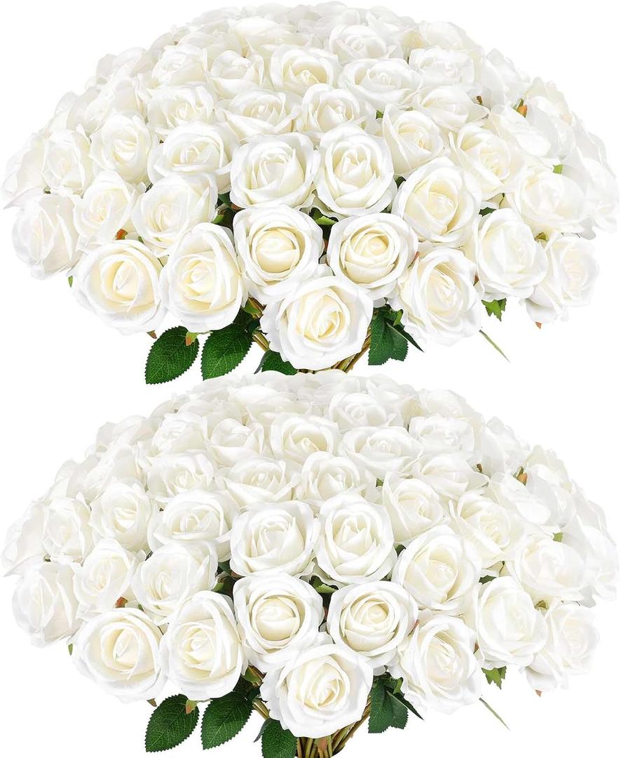 Rowfad 120 Pcs Artificial Roses Bulk Velvet Silk White Roses White Roses for Wedding Centerpieces Bridal Bouquet Mohter's Day Home Decor (120, White)
