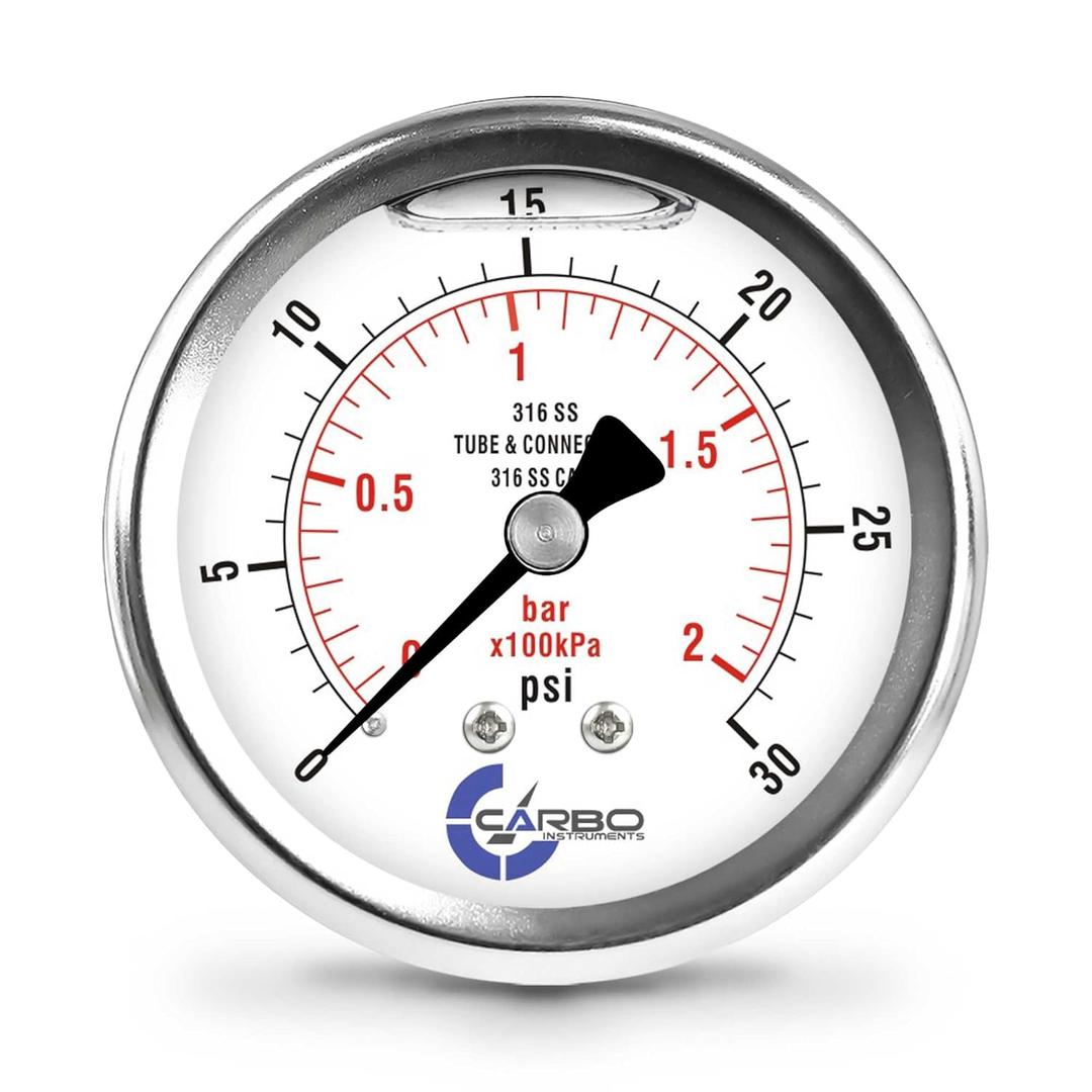 2 1-2" Pressure Gauge, All Stainless Steel Wetted Parts, Case, Connection, Liquid Filled, 0-30 psi/kPa, Back Mount 1/4" NPT