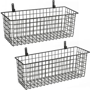 2 Sets Extra Large Hanging Wall Basket, Black Metal Wire Baskets with Steel Hooks for Organizing, WallmountedFruit Vegetable Toy Snack Storage, Home Kitchen Bathroom Laundry Pantry Organizer