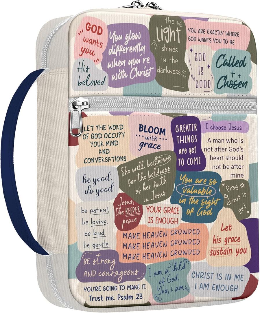 Inspirational Bible Cover for Women Girls Teens, Canvas Scripture Case with Handle and Zipper, Faith Quotes Bible Holder for Church and Bible Study, Christian Gift for Daughter Mom Friends