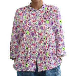 Womens Long Sleeve Button Down Up Shirt Floral Boho Early Fall Clothes Pleated Green Leaves Crewneck Top Work Blouses (Purple)