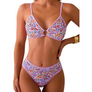 Tainehs Women's Two Piece Bikini Sets O Ring Front Top Ditsy Floral Triangle Swimsuits Cheeky Bathing Suit Tainehs Women's Two Piece Bikini Sets O Ring Front Top Ditsy Floral Triangle Swimsuits Cheeky Bathing Suit