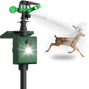 Motion Activated Animal Repeller with Water Sprinkler, Deer Repellent Devices Solar Powered, IP65 Waterproof Cat Repellent Outdoor with Flashing Light, Deter Deer Foxes Skunks Raccoons from Garden