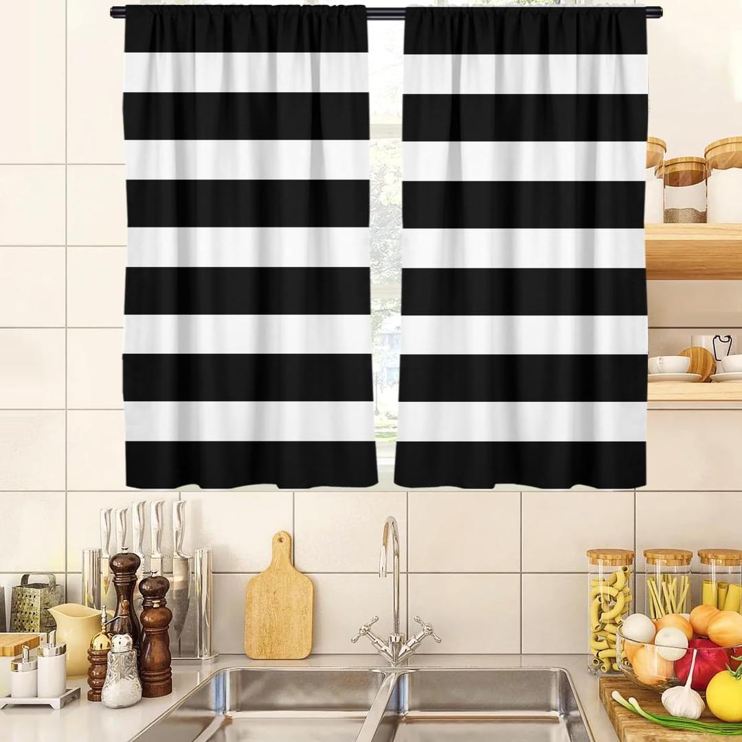 zokyer Black and White Kitchen Curtains Striped Boho Modern Trendy Simple Neutral Small Short 27.5" W x 39" L Window Treatment Tiers for Bedroom Living Room Bathroom 2 Panels Rod Pocket Drapes