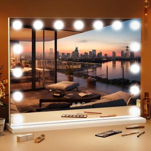 ROLOVE 23"x18" Hollywood Vanity Mirror with Lights, 15 Dimmable LED Bulbs, led Makeup Mirror with 3 Color Modes, Lighted Vanity Mirror For Tabletop or Wall-Mounted, White