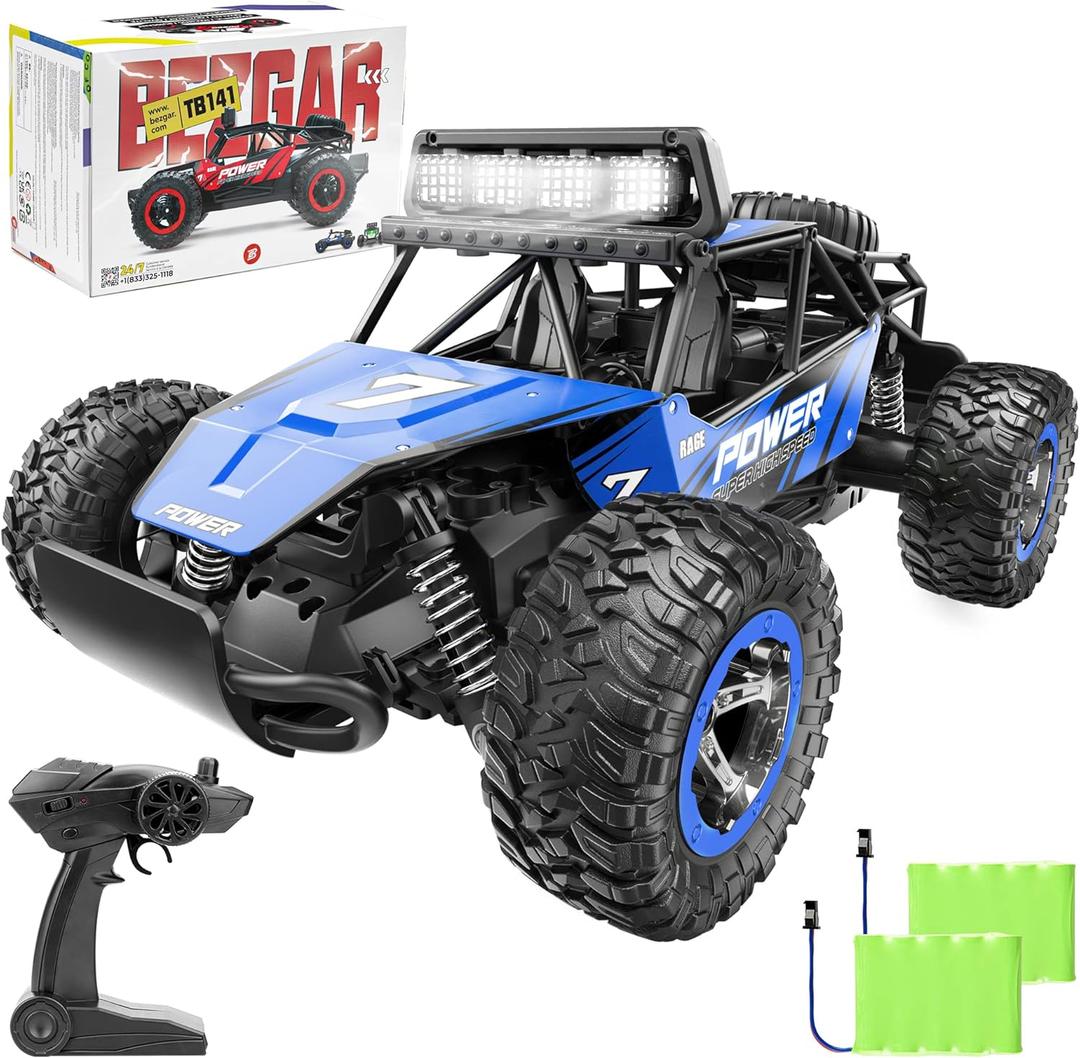 BEZGAR TB141 RC Cars-1:14 Scale Remote Control Car, 2WD High Speed 20 Km/h Electric Toy Off Road RC Car Vehicle Truck Crawler with LED Headlight and Two Rechargeable Batteries for Kids and Adults (Blue)