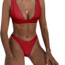 Bathing Suits for Women Deep V Neck Sexy Two Piece Bikini Sets for Women Thong Halter Cheeky Swimsuit, Small, Red 