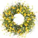 Sggvecsy Yellow Daisy Wreath 24 Inch Spring Summer Wreath Fake Silk Floral Wreath with Green Eucalyptus Leaves and Lavender for Front Door Window Wall Wedding Farmhouse Festival Decor