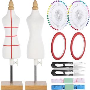 10 PCS Tailor Dressmaker Dummy Mannequins Set with Needles Sewing Patch Measuring Tapes, Doll Dress Form Mini Female 1/4 Size Body Miniature Sewing Mannequin Dress Forms for Sewing