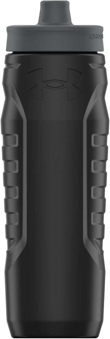 Under Armour Squeeze Water Bottles, 32 oz Water Bottles, Sideline Sports Water Bottle with Quick-Shot Lid, Quick & Easy Hydration, Gym Water Bottles, Squeeze Bottle, 1 32oz Bottle (Black/Pitch Grey)