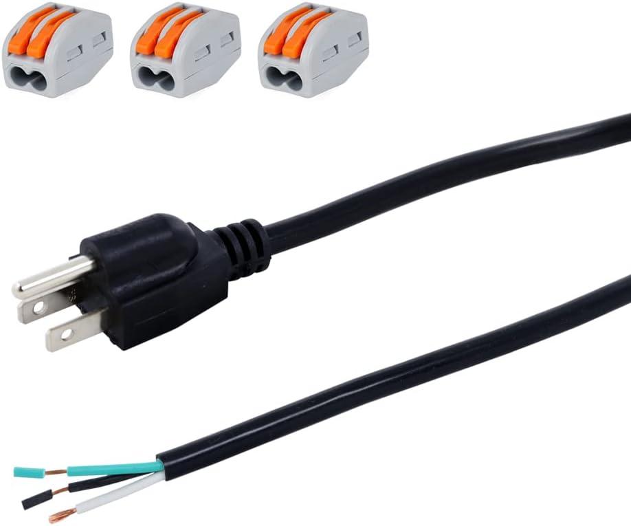 14 AWG 12 Feet AC Power Cord Pigtail 3-Wire Stripped End Heavy Duty 14 Gauge 3 Prong Open End SJT Power Supply AC Plug NEMA 5-15P, Replacement AC Wall Cable 15A, 1875W at 125VAC