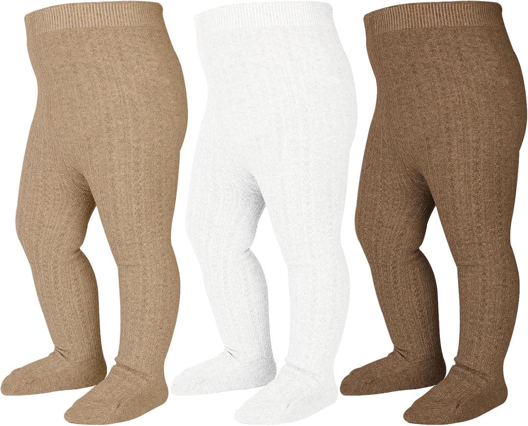 Mini angel Baby Tights Cable Knit Tights Baby Leggings Seamless Cotton Stockings Pantyhose 3/4 Pack for Infants Toddlers 0-5T (3-6 Months, Coffee+khaki+ivory, 3 Pack)