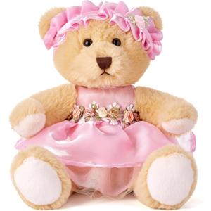 Riverwar Teddy Bear Stuffed Animal,Small Soft Plush Toy in Dress with Cute Headband, Cuddly Gift for Babies, Boys, Girls on Christmas or Valentine's Day (Pink Rose Skirt)