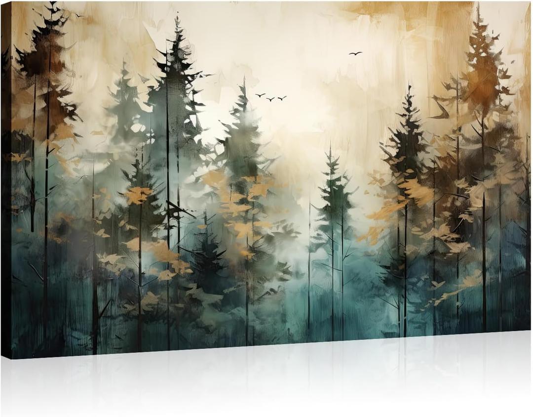 Landscape Canvas Wall Art Forests Picture Pine Trees Painting Vintage Watercolor Prints for Living Room Bedroom Bathroom Home Office Decor Framed(Art-4,16.00x24.00 inch)
