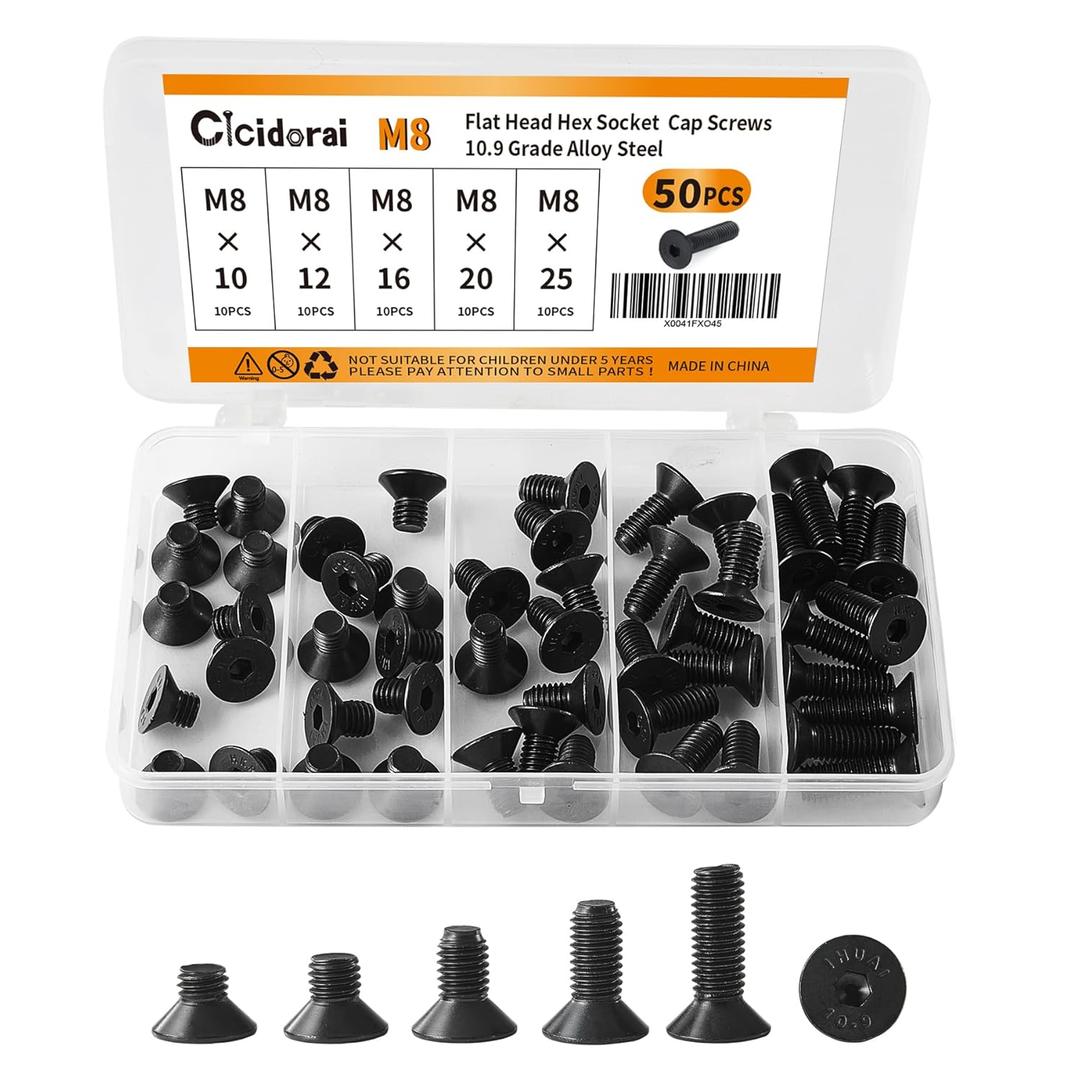 M8 x 10mm 12mm 16mm 20mm 25mm Flat Head Hex Socket Cap Screws Countersunk Bolts, 10.9 Grade Alloy Steel, Black Oxide Finish, Fully Threaded, Metric Allen Hex Drive, Assortment Kit 50Pcs